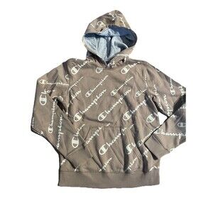 Youth Champion All-Over Logo Hoodie – Brown/Tan – Size Large (12-14)